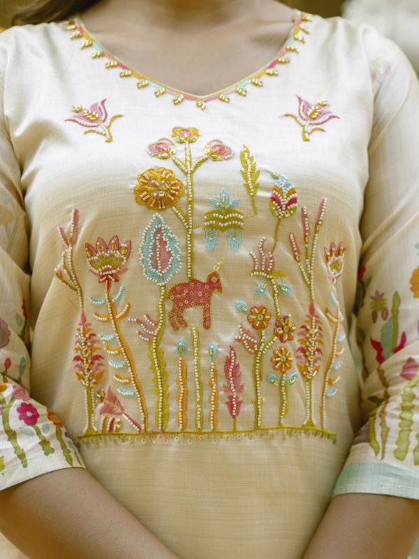 VP 9743 C Floral Printed Handwork Silk Straight Kurta With Trousers & Dupatta Suits